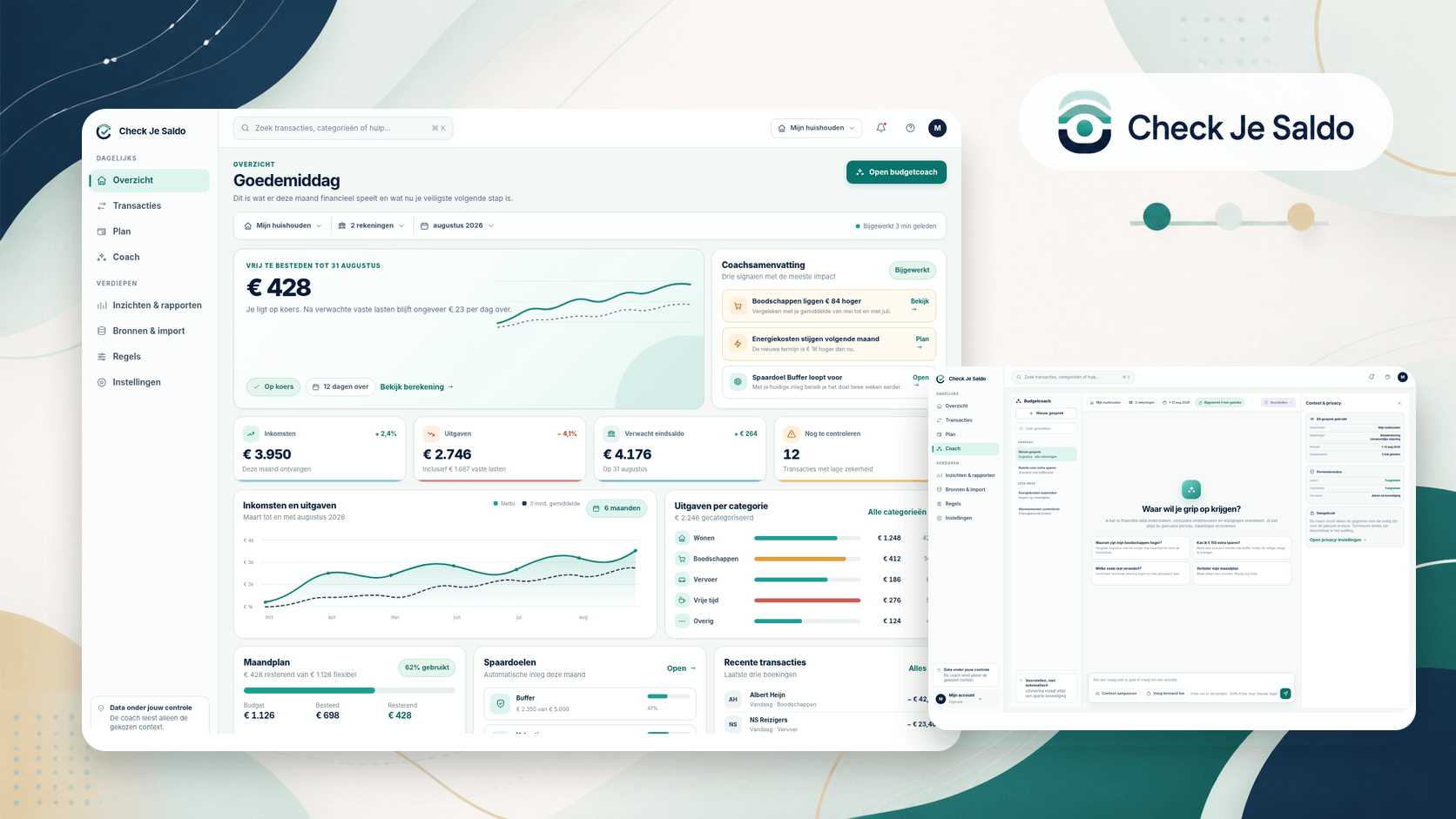 Check Je Saldo personal finance platform showing monthly spending room, income, expenses, plans, and a privacy-aware budget coach.