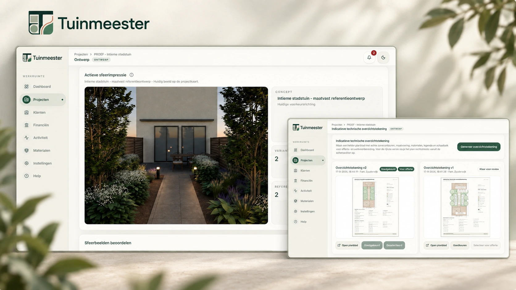 Tuinmeester design workspace with the Intieme stadstuin atmosphere visual and its indicative technical garden plans.