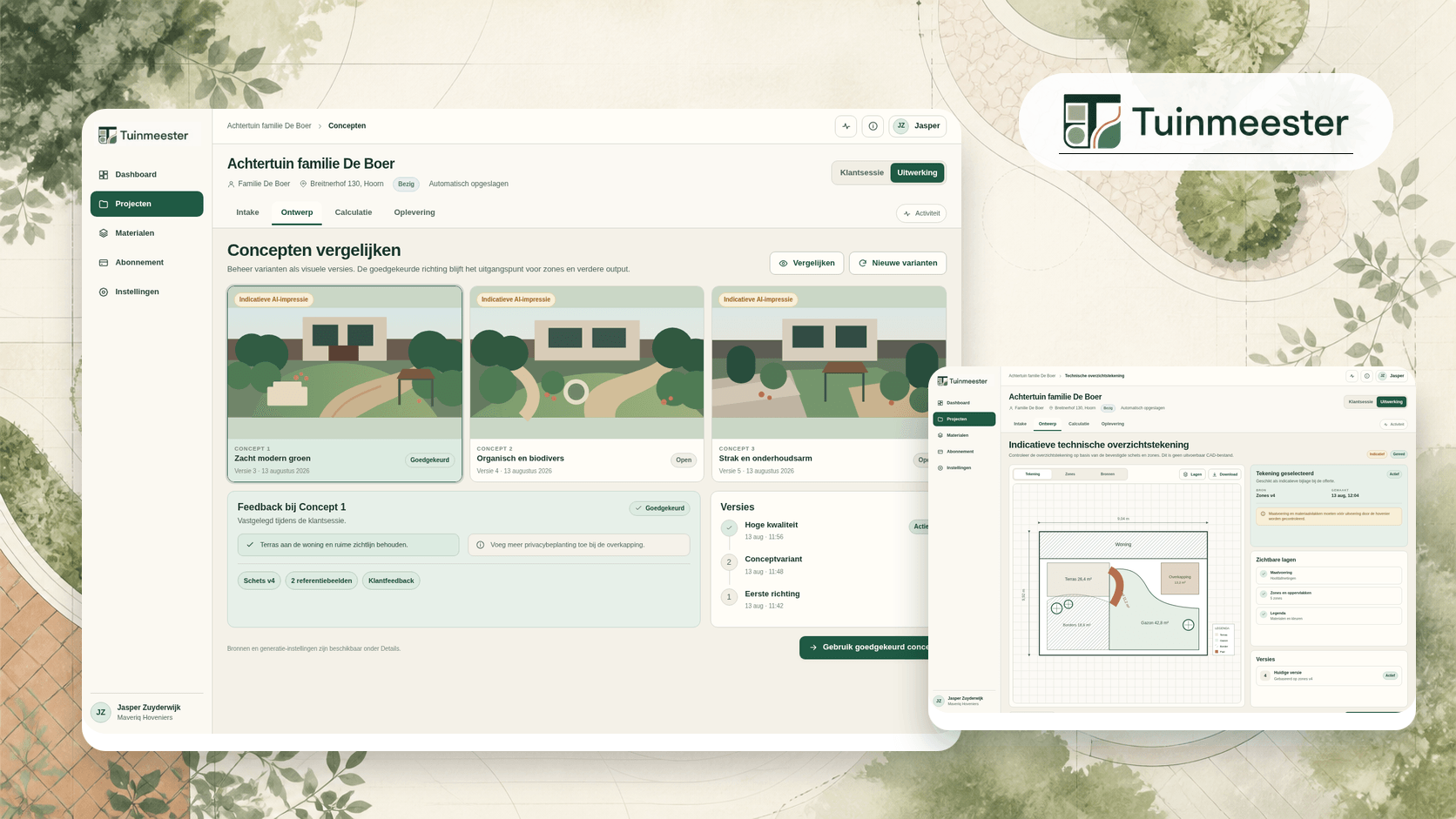 Tuinmeester garden workflow showing concept comparison and an indicative technical overview drawing.