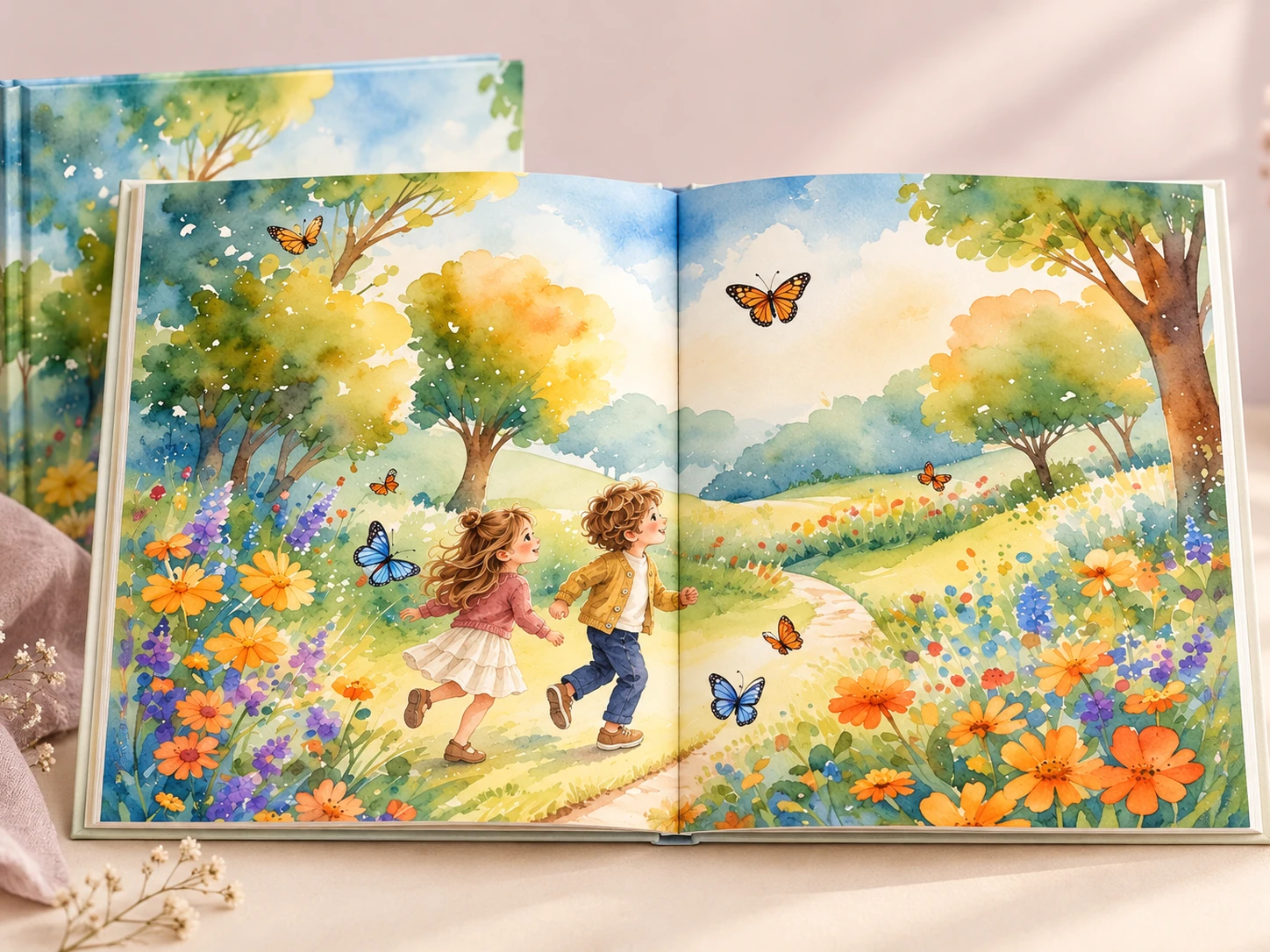 Opengeslagen geïllustreerd VertelMoment-kinderboek met twee kinderen in een kleurrijke tuin.